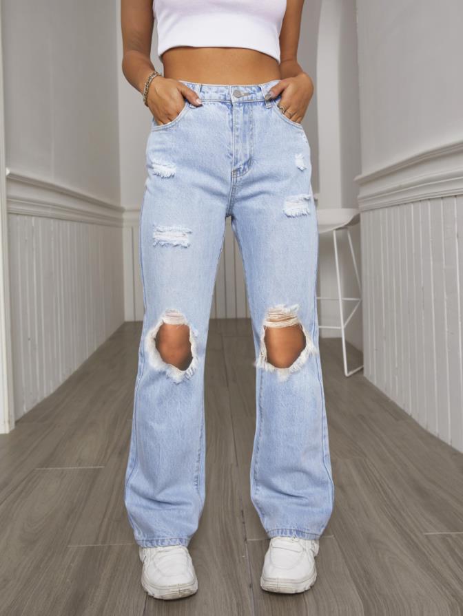 Printemps été trous taille minceur Denim Micro Pull droit tout Match Denim pantalon femmes