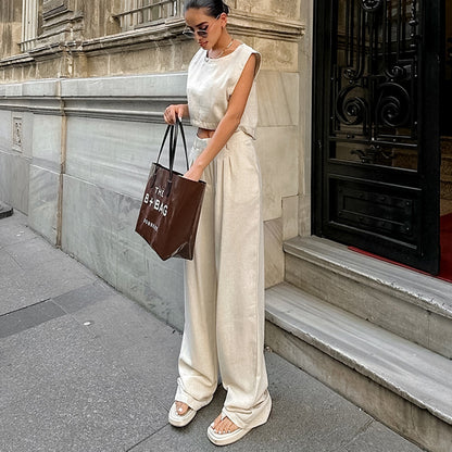 Street Casual Set Khaki Baumwolle Leinen Ärmelloses Top Hosen Zwei Stück Set Sommer Frauen