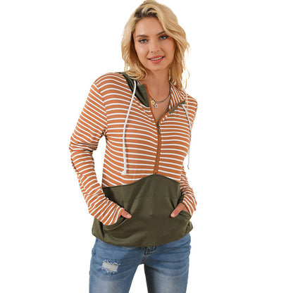 Autumn Winter Striped Patchwork Hoodie Women Casual Half Zipper Color Matching Pullover Women