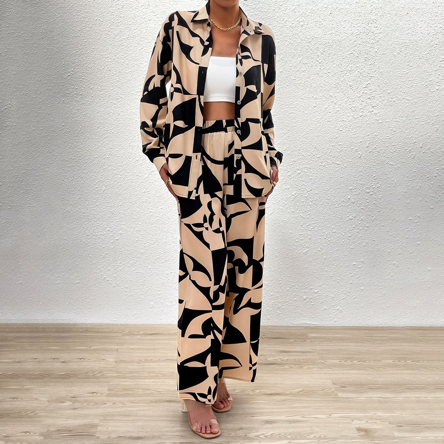 Women's Fashion Temperament Leisure Printed Long Sleeve Trousers Suit