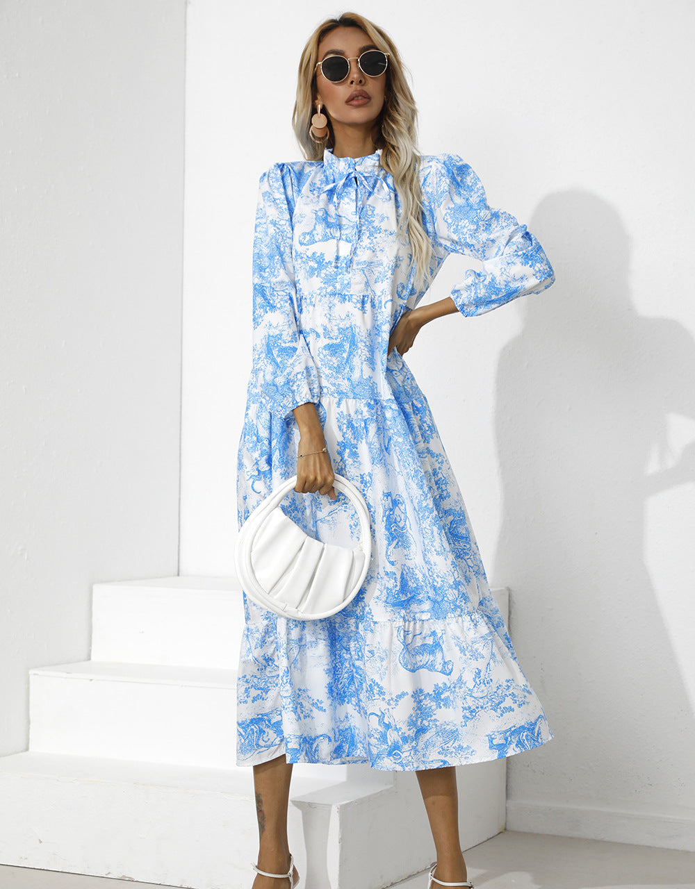 Round Neck Printed Loose Ninth-sleeve Dress