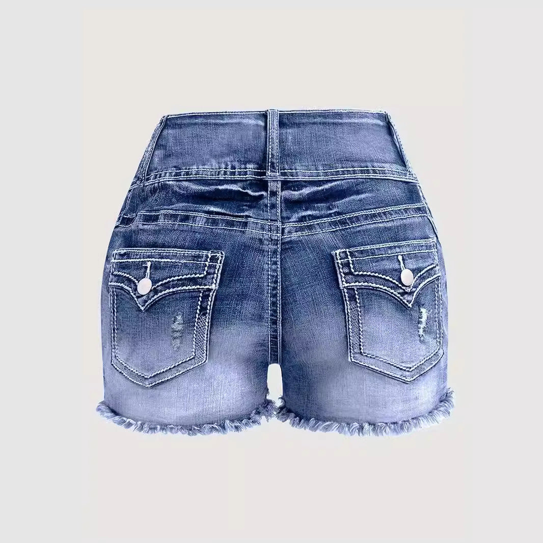 Short en jean lavé à ourlet effiloché à la mode pour femme