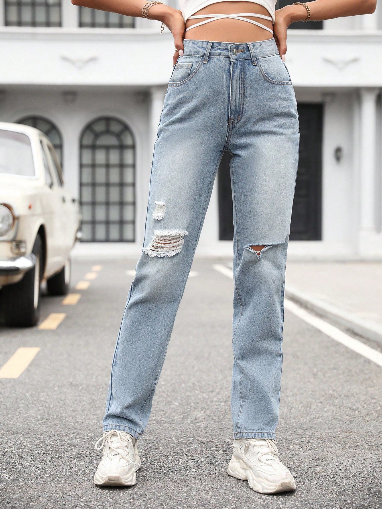 Pantalon en denim taille haute ample pour femme