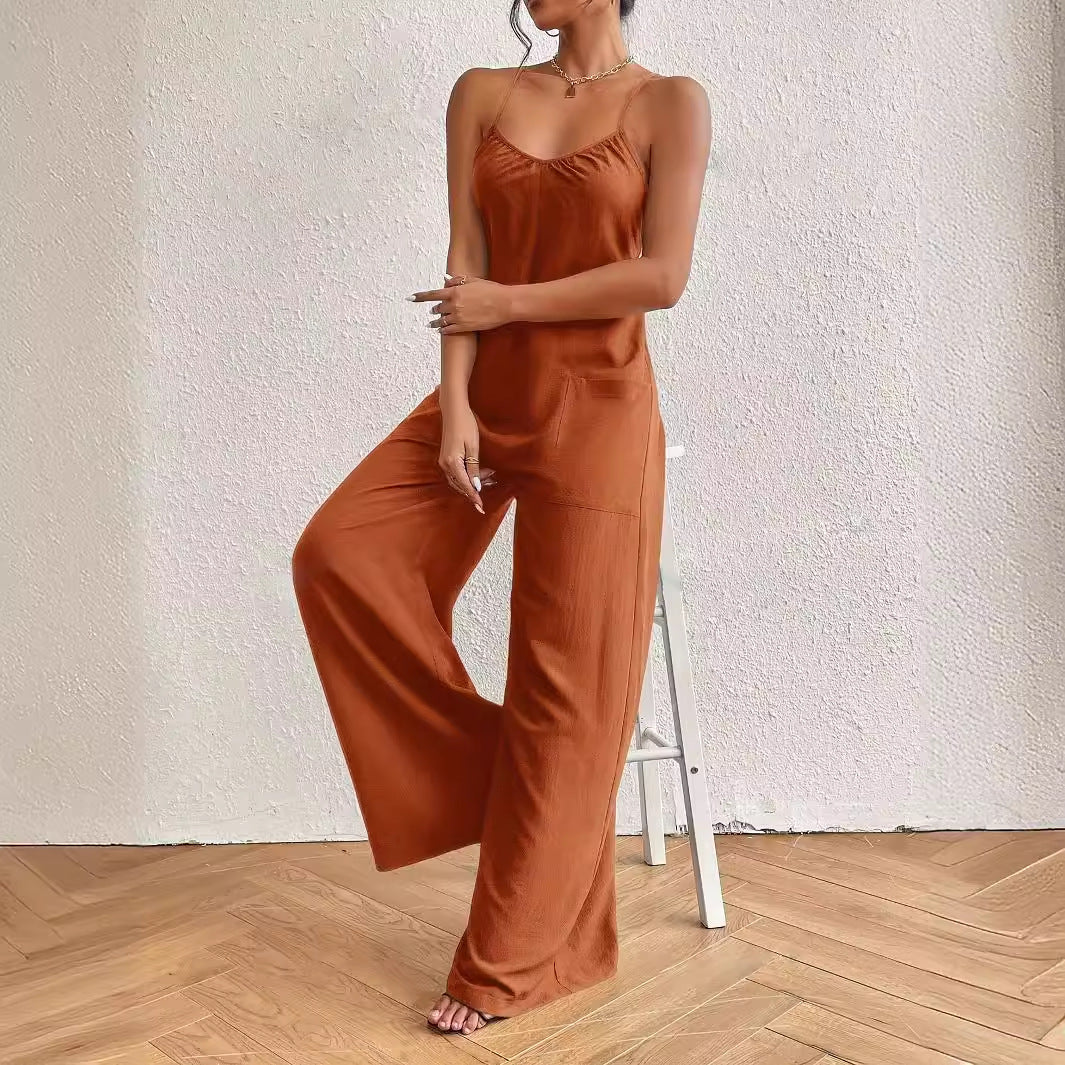 All Match Women Summer Sleeveless Strap Waist Tight One Piece Trousers