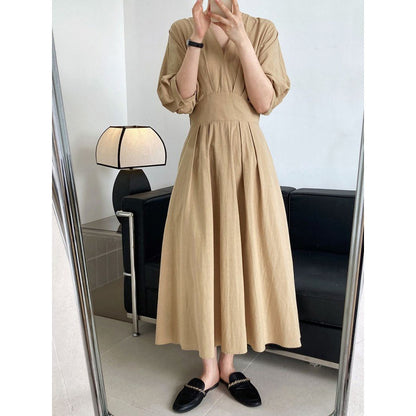 Robe longue amincissante à col de tempérament de Style français, serrée à la taille, coupe cintrée, pour les vacances