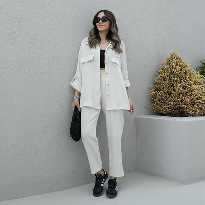 Women's Fashion Casual Solid Color Loose Long Sleeves Shirt And Trousers Suit