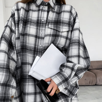 Chemise à carreaux noir et blanc, robe ample à bandes pour femmes