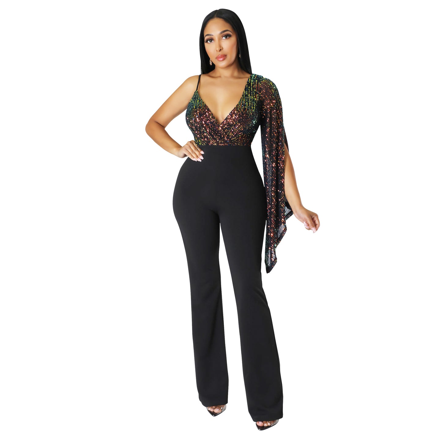 Trousers Sequined V Neck Tube Top Single Shoulder Cloak Sexy Nightclub Jumpsuit