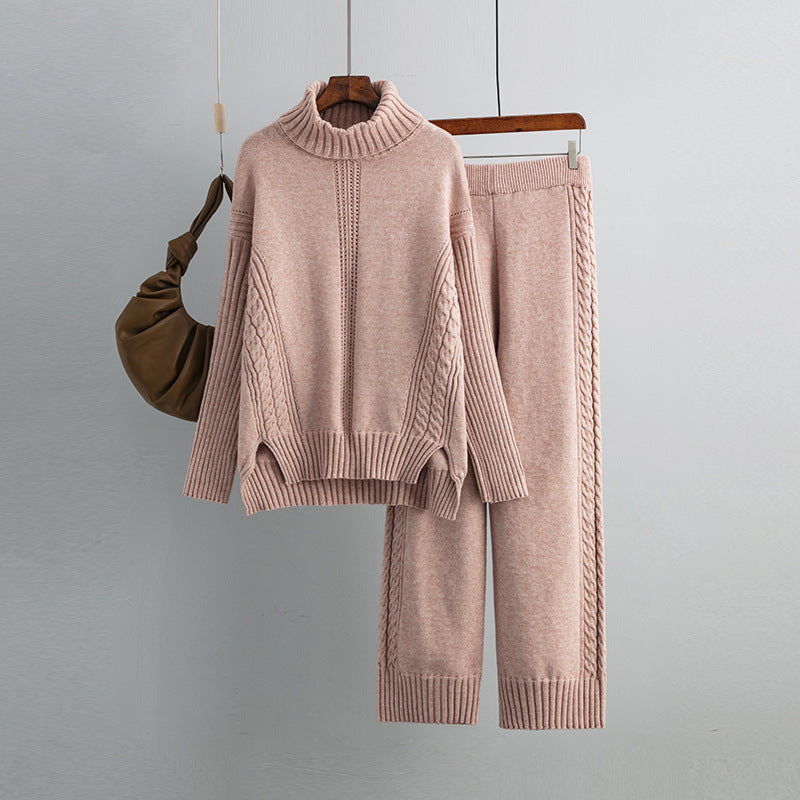 Turtleneck Pullover Thickened Knitting Sweater Casual Set Women Autumn Winter Loose Idle Wide Leg Pants Two Piece Set