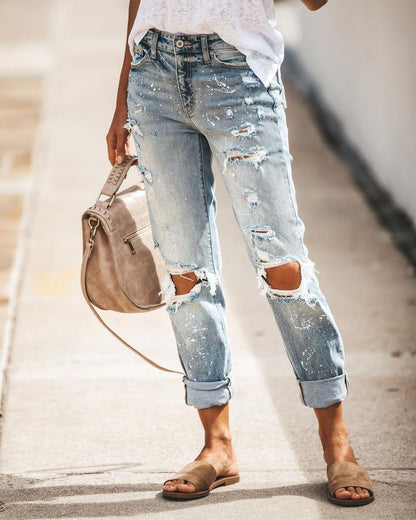 Summer Street Hipster Washed Hole Slim Schlankmachende bedruckte Jeanshose für Damen