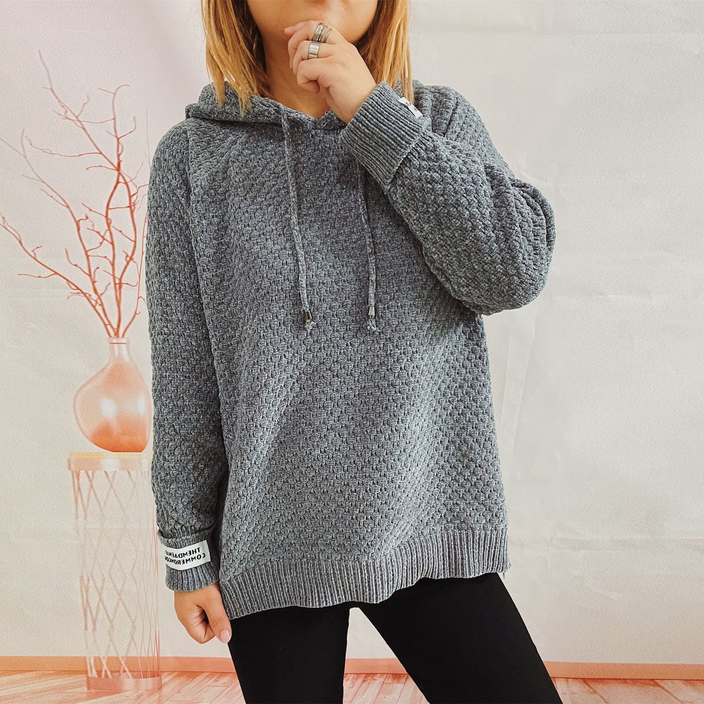 Autumn Winter Hoodie Knitwear Loose Solid Color Patch Sweater Pullover for Women