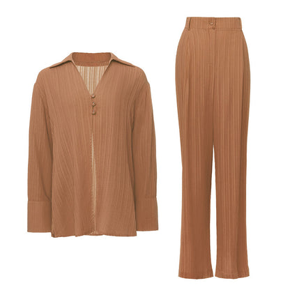 Autumn Winter Popular Pleated Texture Casual Loose Long Sleeve Trousers Suit