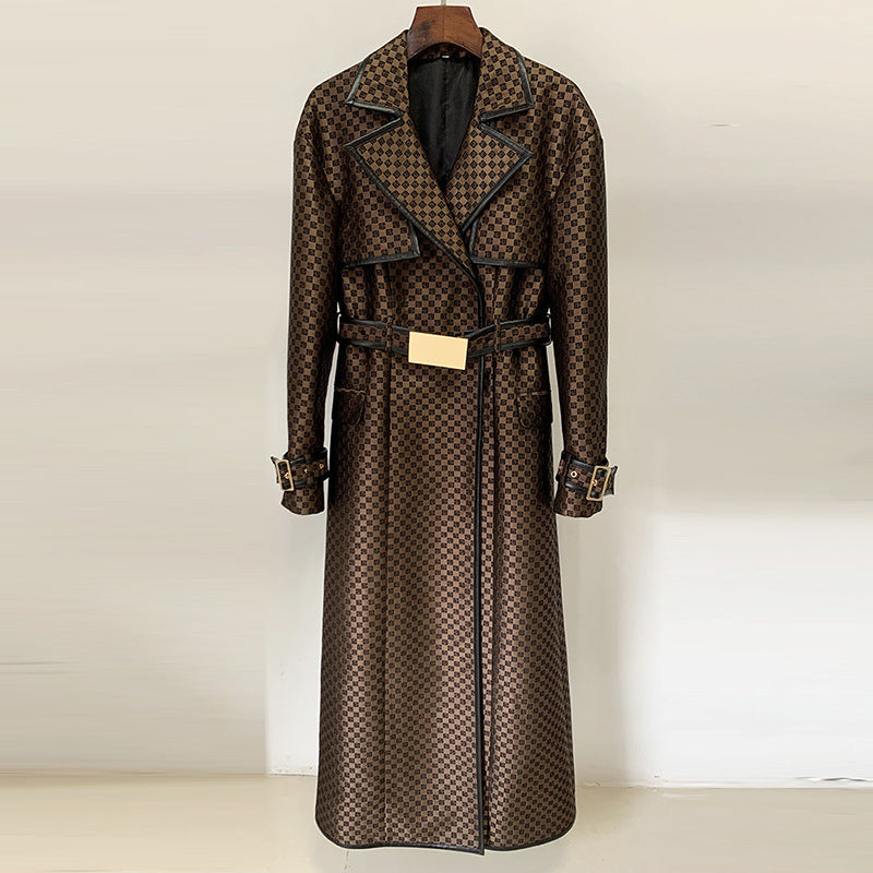 Trench-Coat Long à motif labyrinthe en Jacquard avec ceinture étoile, automne et hiver