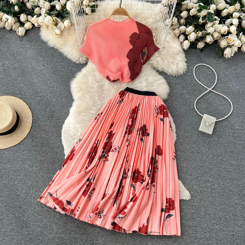 Salt Girlish Style Wear Two-piece Suit Summer Tie-dyed Short T-shirt High Waist Pleated Skirt