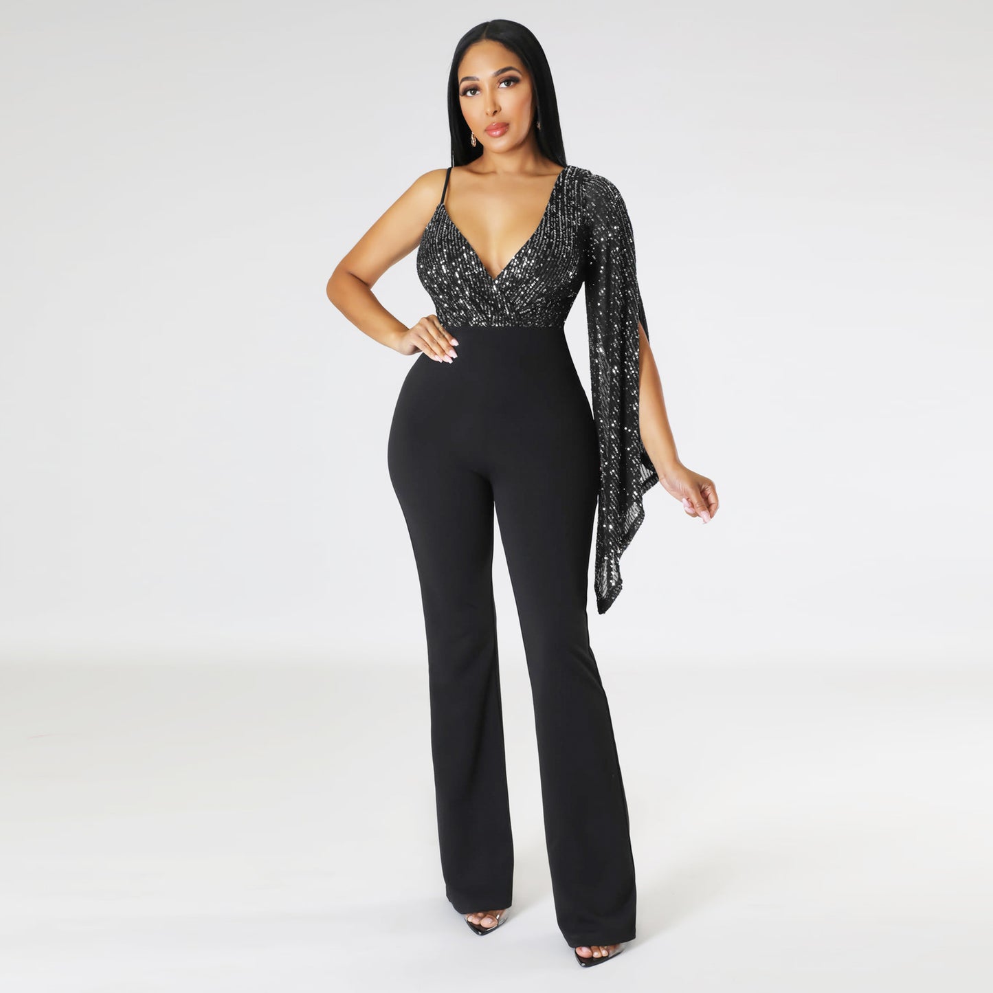 Trousers Sequined V Neck Tube Top Single Shoulder Cloak Sexy Nightclub Jumpsuit