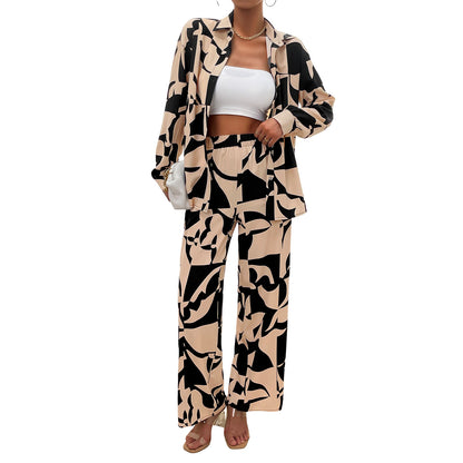 Women's Fashion Temperament Leisure Printed Long Sleeve Trousers Suit