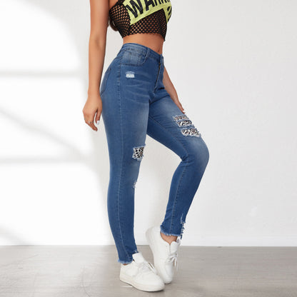 Spring Ripped Leopard Patch Slim Fit Schlankmachende Röhrenjeans mit mittlerer Taille und verwaschenem Schnitt für Damen