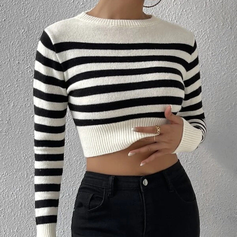 Autumn Winter Women Sweater Striped Short Inner Wear Outer Wear Knitwear Top Women