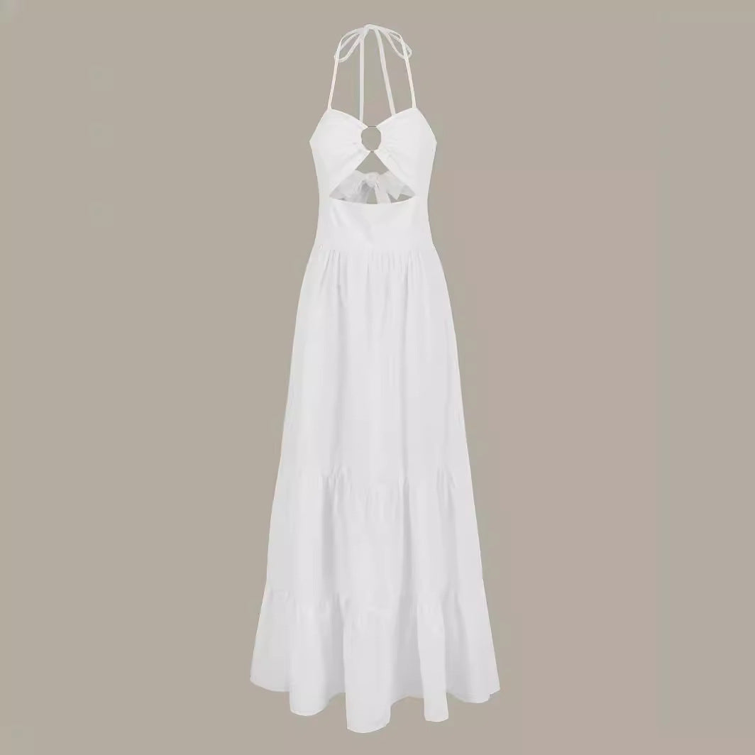 Solid Color White Sleeveless Midriff Outfit Halter Tied Dress