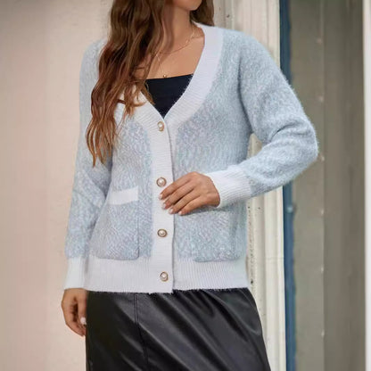 Pull femme col en V simple boutonnage avec poches vêtements d'extérieur décontractés haut de couleur unie