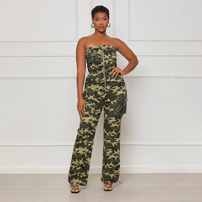 Combinaison de Camouflage Sexy pour femmes, haut tubulaire, épaules dénudées, taille élastique, fermeture éclair, boîte de nuit