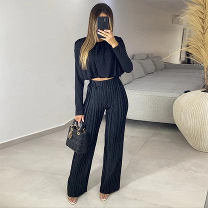 Women's Fashion Temperament Crew Neck Short Long Sleeve Underwear Blouse Casual Trousers Two-piece Set