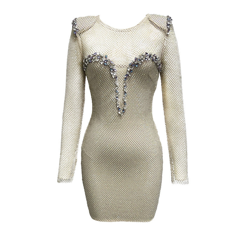 Sommer Beliebte Sexy Ausschnitt Durchsichtiges Mesh Strass Langarmkleid Sexy Netzkleid