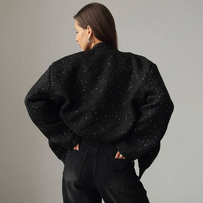 Veste à paillettes en soie dorée pour femme, manteau ample à col montant à la mode