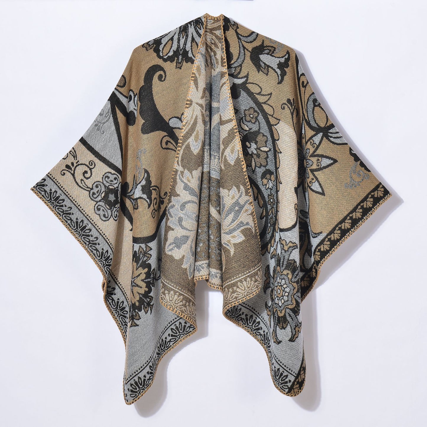 Autumn Winter Women Retro Slit Jacquard Split Shawl Street Date Outerwear Cloak