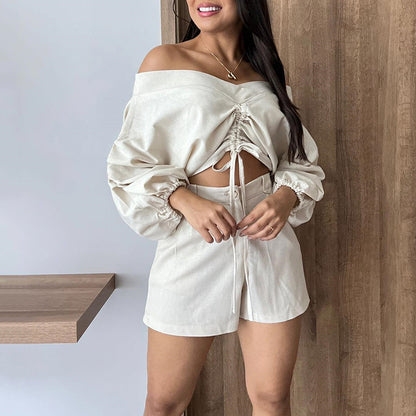 Women's Fashionable Off-shoulder Puff Sleeve Short Top High Waist Shorts Suit