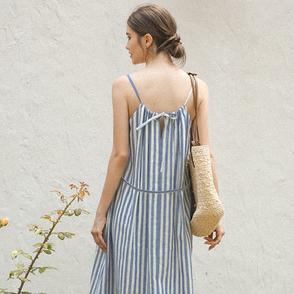 Robe en coton et lin, épaules dénudées, col licou, Niche ample française, mi-longue, robe Camisole en pur lin et coton