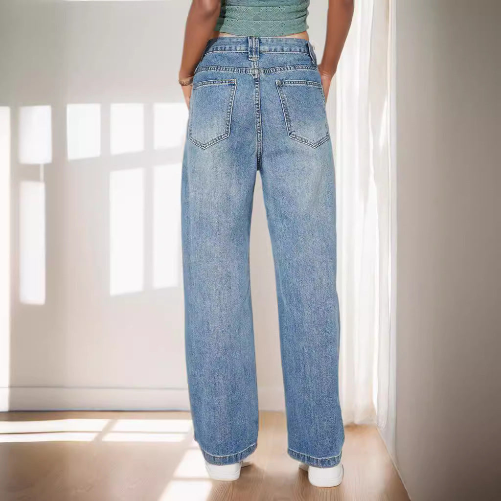 Design Draping Vintage Jeans Women High Waist Loose Wide Leg Pants Slim Straight Trousers