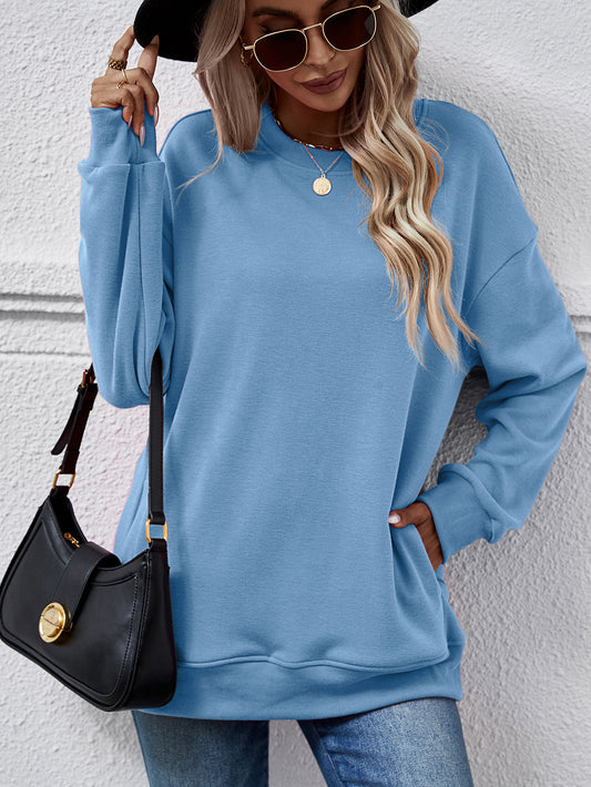 Autumn Winter Women Clothing Brushed Hoody Women Loose Round Neck Pocket Top