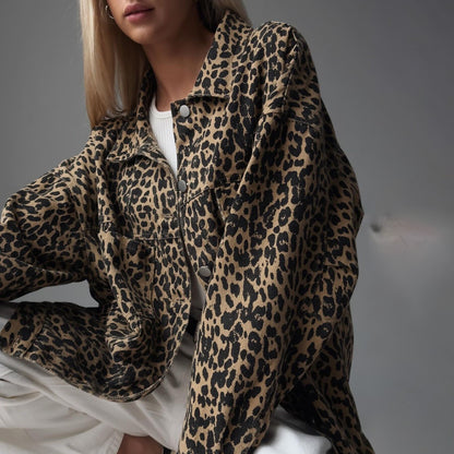 Vintage Leopard Print Nischenkragen Denim Mantel Frühling Modische Lose Trendy Jacke