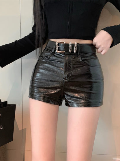 American Sexy High Waist Patent Leather Popular Slim Looking Super Short Shorts