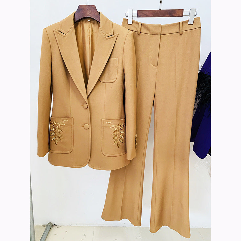 Socialite gracieux broderie Blazer Bootcut pantalon costume deux pièces costume