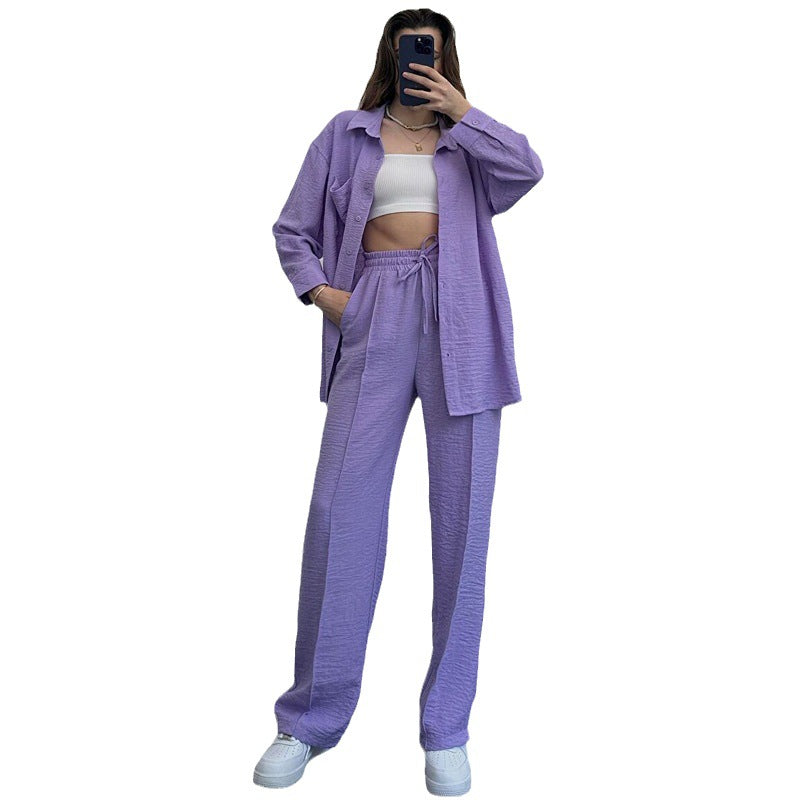 Women's Fashion Casual Solid Color Shirt And Trousers Two-piece Set