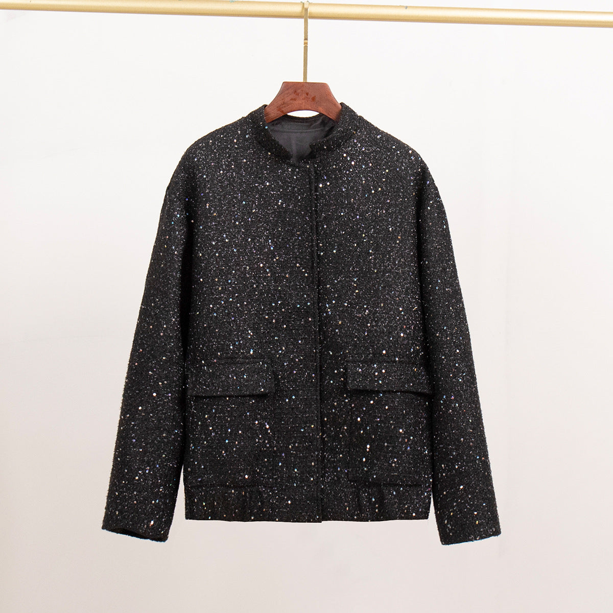 Veste à paillettes en soie dorée pour femme, manteau ample à col montant à la mode