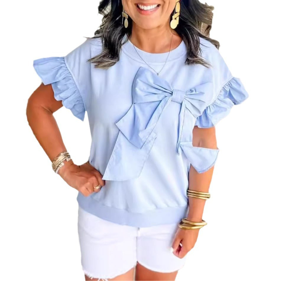 Women's Contrast Color Bow Ruffle Sleeve Top