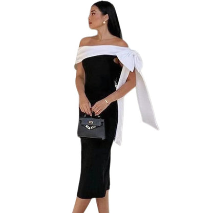 Robe de cocktail élégante assortie avec nœud à épaules dénudées pour femmes, couleur noir et blanc