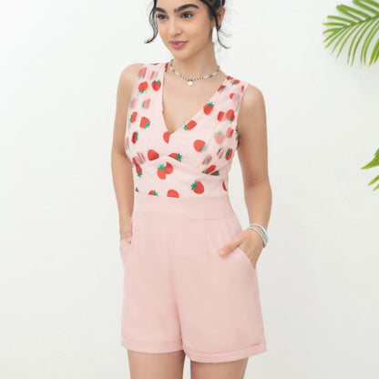 Femmes vêtements mignon col en V fraise maille couture barboteuse femmes de haute qualité été décontracté femmes vêtements