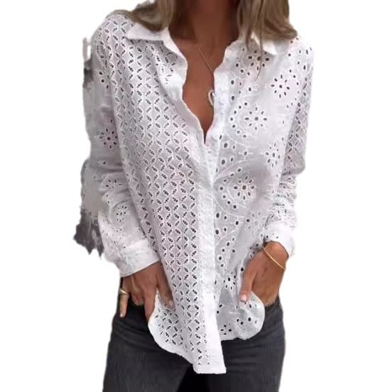 Chemise femme imprimé creux bouton ample haut en maille