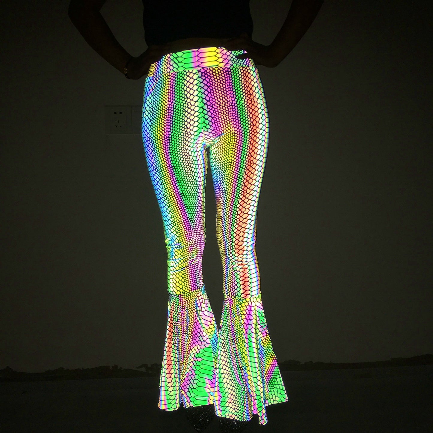 Colorful Reflective Bell-bottom Pants Women's High Waist Wide Leg Trousers