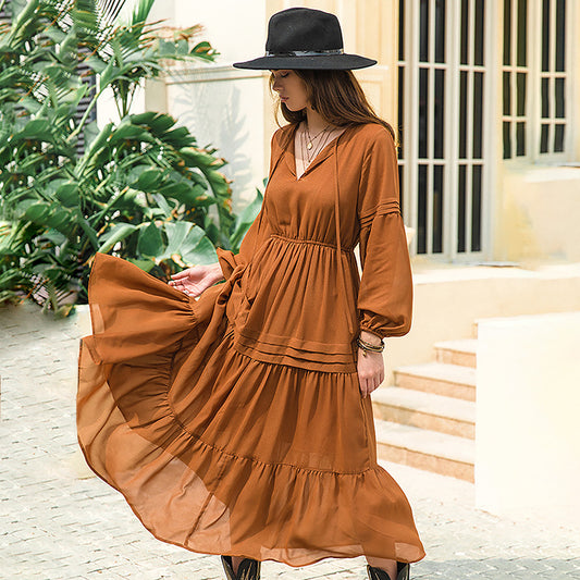 Bohemian Batch V-neck Long Sleeve Chiffon High Waist Slimming Dress Women Vacation