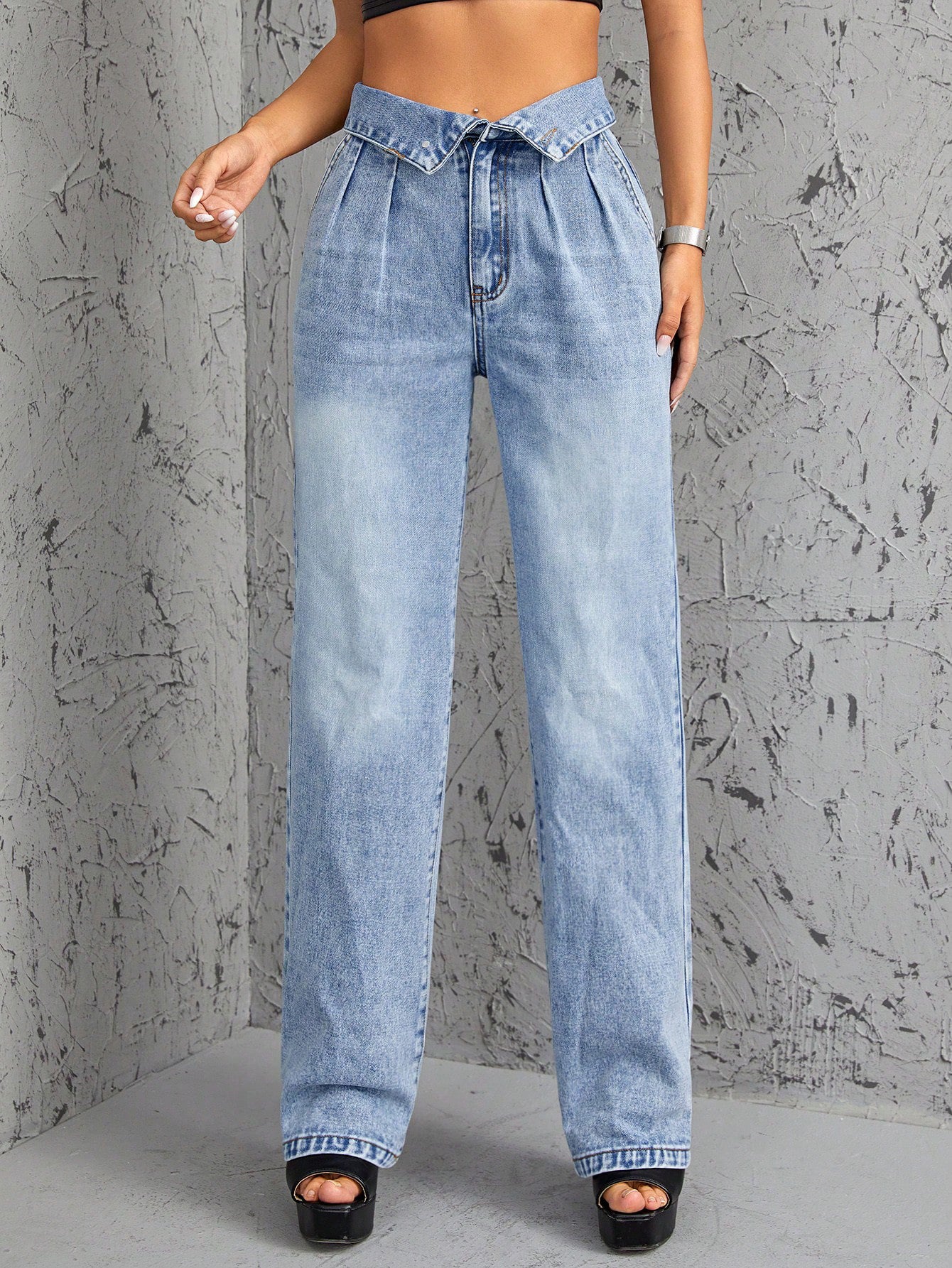 Pantalon en denim taille haute ample pour femme