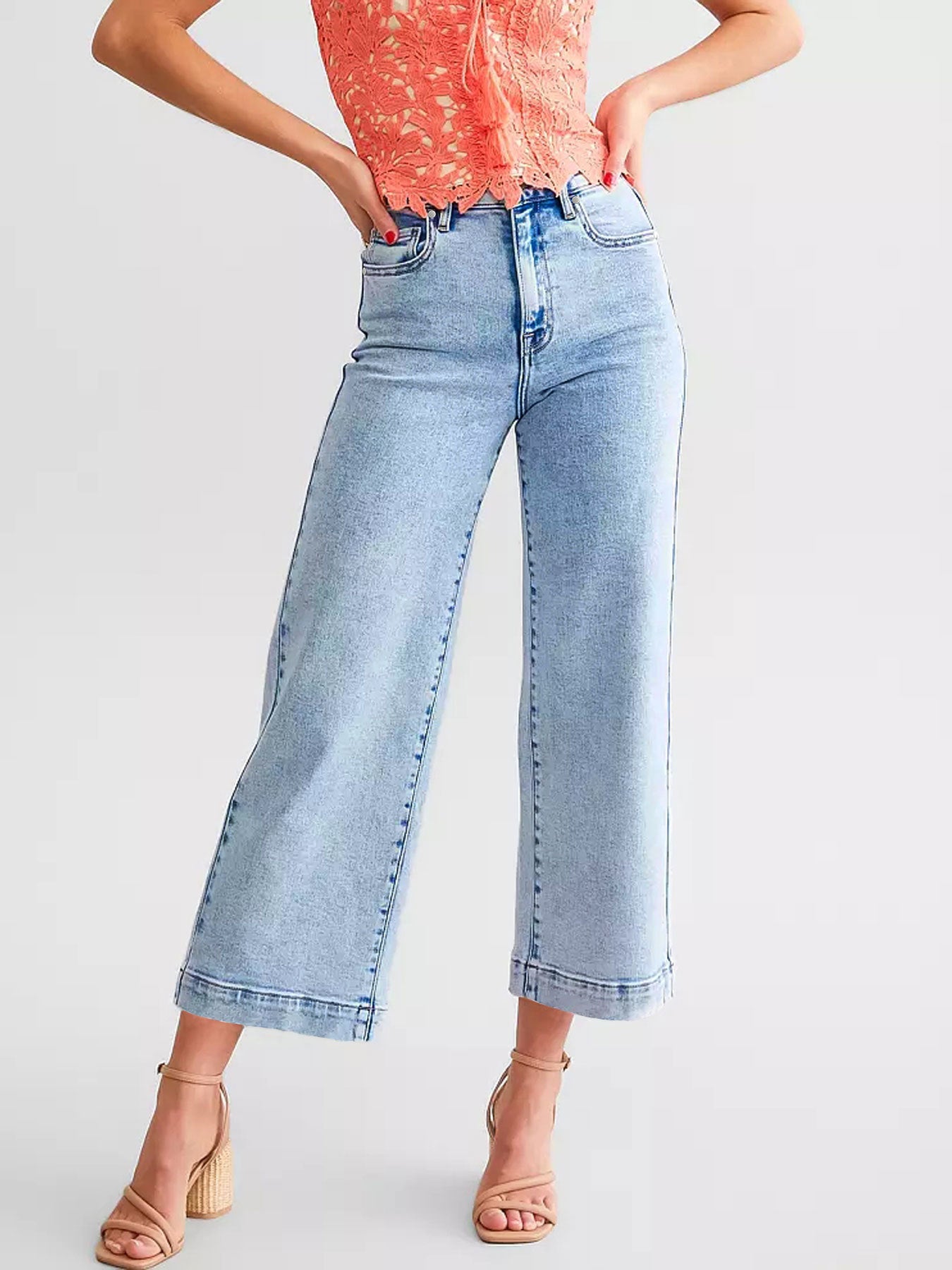 Stretch-Jeans für Damen im Büro, modische Hose mit weitem Bein, verwaschene Stretch-Crop-Jeans