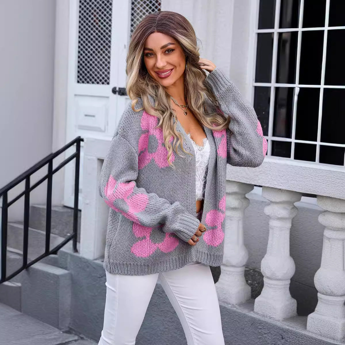 Autumn Winter Women Printed Sweater Cardigan Floral Sweater Women