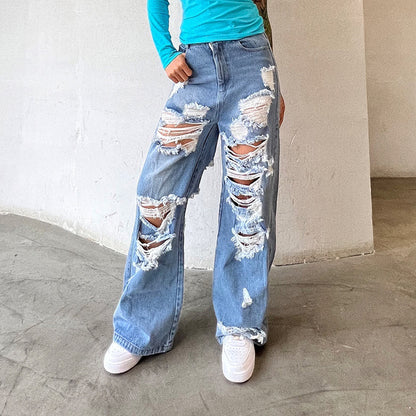 Frühlingsblaue, hoch taillierte, zerrissene Hose mit weitem Bein, schlankmachende, gerade Mop-Jeans für Damen