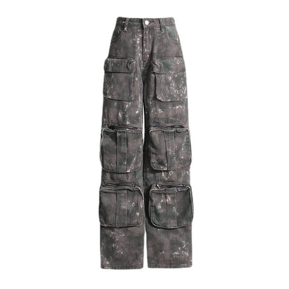 Frühling Retro Design Tasche Weites Bein Jeans Camouflage Lose Schlankheits Workwear Hose Verwaschene Hose