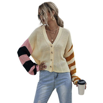 Autumn Sweater Women Stitching Contrast Color Coat Striped Thin Sweater Short Comfort Casual